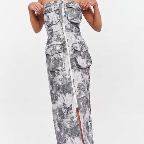 ZARA BLOGGER FAVORITE BANDEU CARGO STRAPLESS ZIP FRONT FITTED CAMO GRAY DRESS - Picture 6 of 12